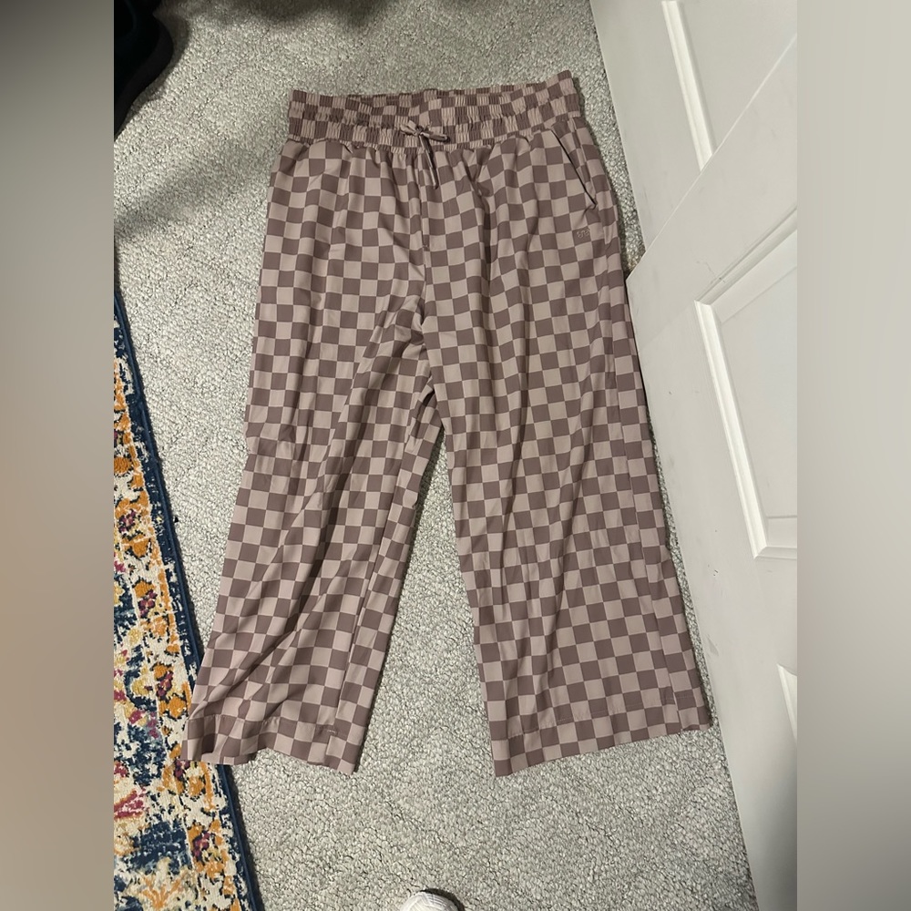 Albion Wide Leg Checkered Pants in Taupe and Brown